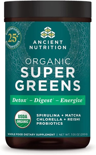 [BRSW2ZANOADR42DP] Ancient Nutrition Super Greens Powder, Organic Superfood Powder with Probiotics Made with Spirulina, Chlorella, Matcha, and Digestive Enzymes, 25 Servings, 7.05oz