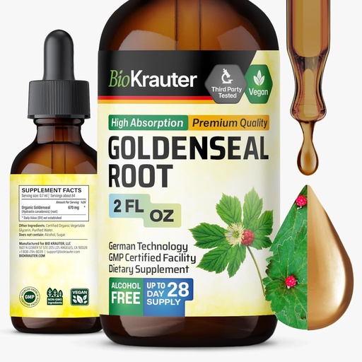 [BRSROGAZBUHRGE37] BIO KRAUTER Goldenseal Root Extract Liquid - Vegan Respirační podpora - Golden Seal Drops - Alkohol & cukr zdarma - 2 Fl.Oz.