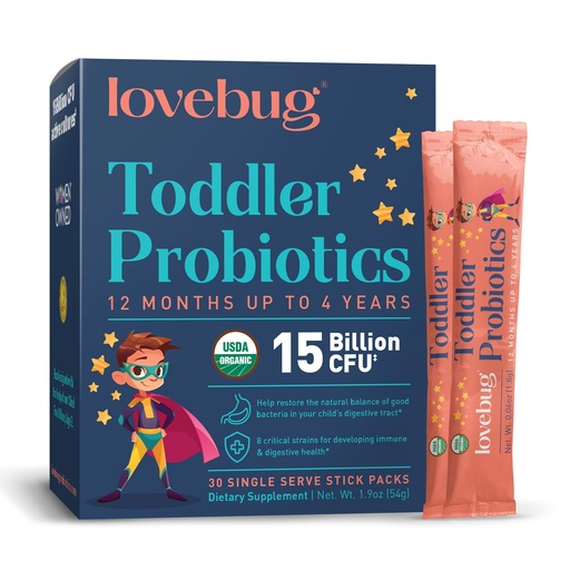 [BRSWKGQFCABGCF3M] LOVEBUG Kids Probiotic Powder with Prebiotic Fiber - Toddler Immunity Support & Constipation Relief - USDA Organic Probiotics for Childrens Gut & Digestive Health (Ages 1-4) - 30 Pack (Unflavoured)