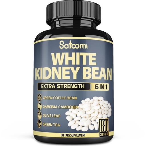 [BRSRAYI7PMBQEGTX] Satoomi 6in1 White Kidney Bean Extract Capsules - 6 Month Supply - Extra Blend with Olive Leaf, Green Coffee Bean & Green Tea - 180 Counts