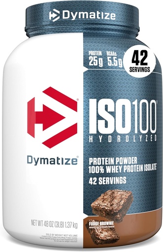 [BRSWKYIYC57QGHYV] Dymatize ISO100 Whey Protein Powder Isolate, Fudge Brownie, 25g of Protein, 3 Pound, 5.5g BCAAs, Less Than 120 Cal., Gluten Free, 1g Fat, 1g Sugar, 2g Carb (42 Servings)