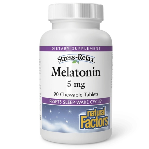 [BRSWIZYIDICWIHTC] Stress-Relax Melatonin 5 mg by Natural Factors, Natural Sleep Aid, Resets the Sleep-Wake Cycle, 90 chewable tablets (90 servings), Peppermint Flavor