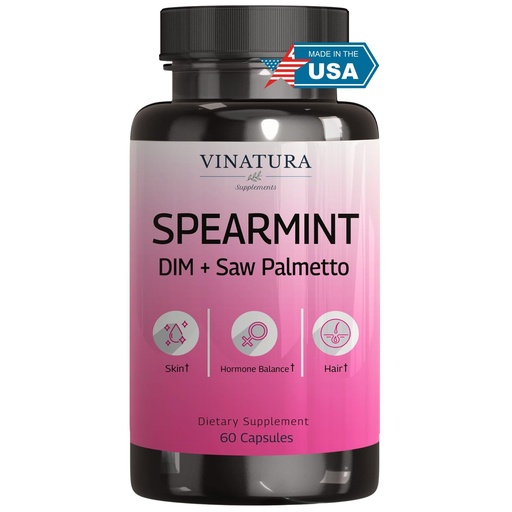 [BRSROHQ2AEBGCYDZ] VINATURA Spearmint Capsules Supplement - Spearmint Leaf Extract Enhanced with DIM & Saw Palmetto, for Unwanted Hair, Women Health & Skin, 60 Capsules