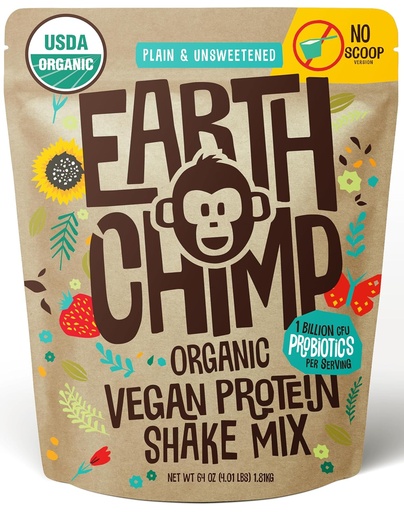 [BRSW2AL3AR5A4CL5] EarthChimp Organic Vegan Protein Powder - with Probiotics - Non GMO, Dairy Free, Non Whey, Plant Based Protein Powder for Women and Men, Gluten Free - 52 Servings 64 Oz (Plain ' Unsweetened) No Scoop