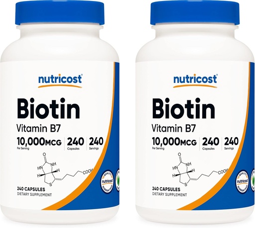 [BRSWKEYEBEFBYHL4] Nutricost Biotin (Vitamin B7) 10,000mcg (10mg), 240 Caps (2 Bottles) - Non-GMO, Gluten Free