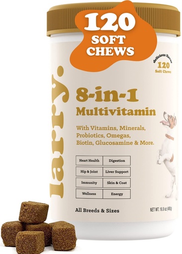 [BRSRMAIZOJ5AA2TU] Larry 8-in-1 Dog Multivitamin Glucosamine Chondroitin 120 Count | Made in USA, Daily Dog Supplements, All Breeds Sizes