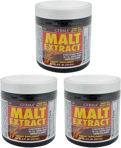 [BRSWYYIPOFYAY3D2] Germa Malt Extract. Dietary Supplement. Fortified with Vitamin B12, Iron and Hemoglobin. High in Antioxidants. 8 fl.oz. Pack of 3.