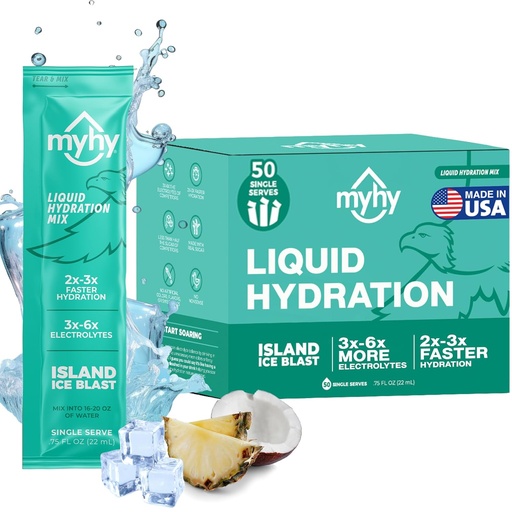 [BRSRA2YTBEBR4F3O] MyHy Flydende Hydration Pakker, Electrolyte Drink Mix til voksne & Børn Hydration Support, Dehydrering Relief til rejser, Graviditet, Fitness, Bachelor & Bachelorette Party - Island Ice, 50 Greve