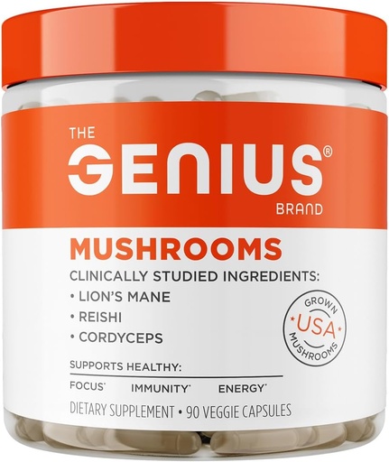 [BRSWG2Q2BFYBE3D6] The Genius Brand Genius Mushrooms - Plant-Based Supplement for Immune, Focus & Energy Support - Lion's Mane, Cordyceps & Reishi - Organic & Non-GMO - 90 Veggie Capsules