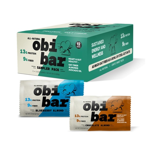 [BRSROFAQCUFG2GQ4] Obi Bar Sampler - Protein and Oat Fiber Bar | All-Natural | Sustained Energy | Lightly Sweet Taste | 6 Chocolate Almond and 6 Blueberry Almond | MADE WITH AVOCADO OIL | Egg White Protein | Soy Free, Dairy Free, No Sugar Alcohol, No Seed Oils | 2.4oz, 12 Pack