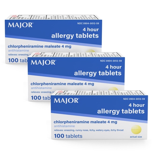 [BRSWIFT5PJ6GO3L2] MAJOR 4 Mg Allergy Tablets - Chlorpheniramine Maleate 4-Hour Allergy Medicine - Antihistamine for Relief of Sneezing, Itchy Watery Eyes, Itchy Throat, and Runny Nose - 100 Count (3 Pack)