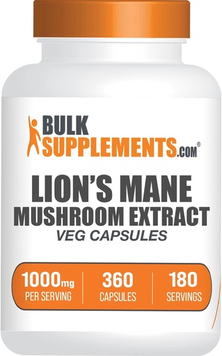 [BRSROGQODJ7BQH32] BulkSupplements.com Capsules d'extrait de champignons de la Mane de Lion - Supplément de champignons, Supplément de cerveau pour le soutien de la mémoire et du focus - Vegan, 2 capsules par portion (1000mg), 360 capsules (paquet de 1)