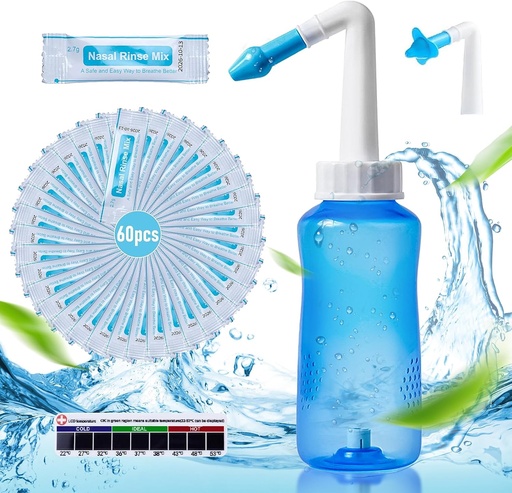 [BRSROAI7CQJQ2F3P] Neti Pot Sinus Rinse Bottle Nose Wash Cleaner Pressure Rinse Nasal Irrigation with 60 Nasal Wash Saline Packets & 300 ML Neti Bottle Refill Kit Idea and Sticker Thermometer for Adult & Kid (Blue)