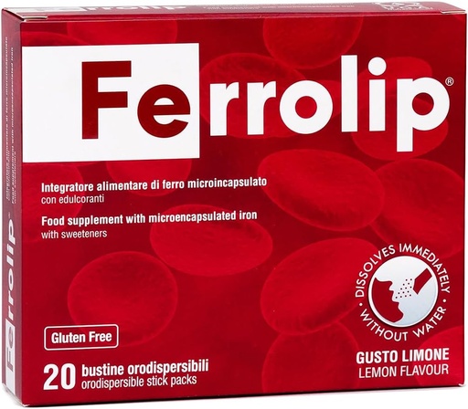 [BRSWGAYYA4CBY2A7] Ferrolip Iron Supplement for Women, Men and Kids (20 Lemon Flavored Soluble Sachets) - Gastrointestinal Comfort and No Metallic Taste - Vegan and Gluten Free
