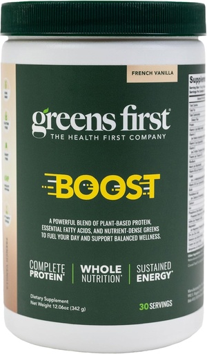 [BRSWIZQPAVYRUH3Y] Greens First Boost - Plant-Based Protein & Balanced Nutrition - Superfood Shake Mix - No Wheat or Soy - Dairy-Free - Vegan - French Vanilla, 12,06 oz.