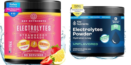 [BRSRAAQLOAORUF3L] KEY NUTRIENTS Electrolytes Powder Bundle – Juicy Strawberry Lemonade & Unflavored Electrolyte Powders (90 Servings Each) – Sugar-Free, Keto-Friendly Hydration Powder for Energy, Recovery & Endurance