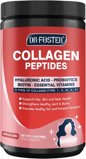 [BRSROAITPN4GGC3V] DRFOSTER Multi-Colágeno-Peptide-Powder con Probióticos, 50 Servidores de Peptidos de Collagen Hidrolizados con Ácido Hialurónico, Biotina & Multivitaminas - Soportes Skin, Hair, Nails Health