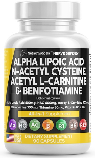 [BRSRMBQ7OJYQKFY2] Alpha Lipoic Acid 600mg N-Acetyl Cysteine 600mg Acetyl L-Carnitine 500mg Benfotiamine 300mg - Nerve Support Supplement for Women and Men with Vitamin B1 B6 & B12 - Made in USA 90 Caps