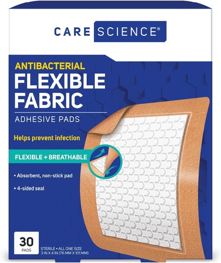 [BRSW2FQHOAARQCA3] Care Science Fabric Adhesive Pad Bandages, 3x4 inches Extra Large Flexible Non-Stick Strip, Helps Prevent Infection, Breathable Protection, for First Aid & Wound Care, 30 Count