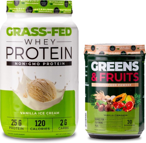 [BRSRAZD5OQFQ4EY4] Nutrology Greens & Fruits Powder-Naturally Sourced Superfood, Vanilla Cinnamon (30 Servings) Grass Fed Whey Protein Powder, Vanilla Ice Cream Flavor (28 Servings)