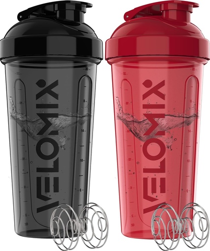 [BRSRAGTRBUOQO3I3] VELOMIX -2 Pack- 28 oz Protein Shaker Bottles for Protein Mixes - 2x Wire Whisk | Leak Proof Shaker Cups for Protein Shakes | Protein Shaker Bottle Pack | Shakers for Protein Shakes - Black&Red