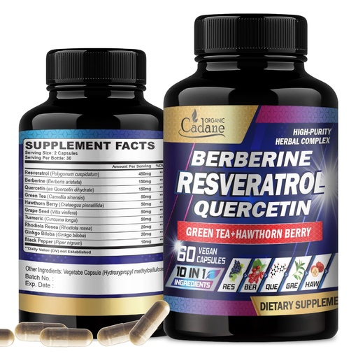 [BRSRAAILPJ7WGHLP] Cadane Resveratrol Supplement - 10in1 Plus with Quercetin, Berberine, Green Tea, Grape Seed, Hawthorn Berry, Turmeric, Rhodiola Rosea, Ginkgo Biloba, and Black Pepper - 60 Capsules