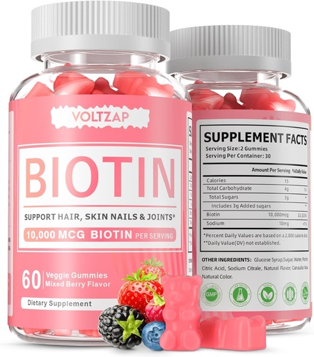 [BRSRAZQNO4FA43AU] Biotin Supplement, 60 Vegan Gummies, Antioxidant Support for Healthy Skin, Hair and Nails for Women and Men, Non-GMO