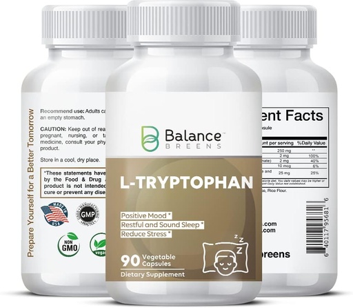 [BRSW2EDRCR4AOGTG] L-Tryptophan 250mg, 90 Veg Capsules - Supplement for Restful Sleep & Relaxation