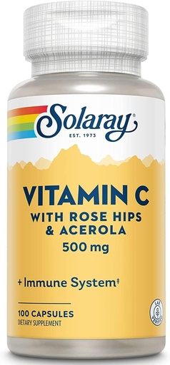 [BRSROZIPOUHBGCT2] Solaray C w/Rose HIPS & Acerola, Capsule (Btl-Plastic) 500mg | 100 Count | Pack of 2