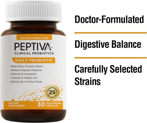 [BRSRO2Y2OF6QECL6] Peptiva Daily Probiotic, 25 Billion CFU, Multi-Strain Probiotics, Lactobacillus Acidophilus, Bifidobacterium, Digestive Support Supplement - 30 Count