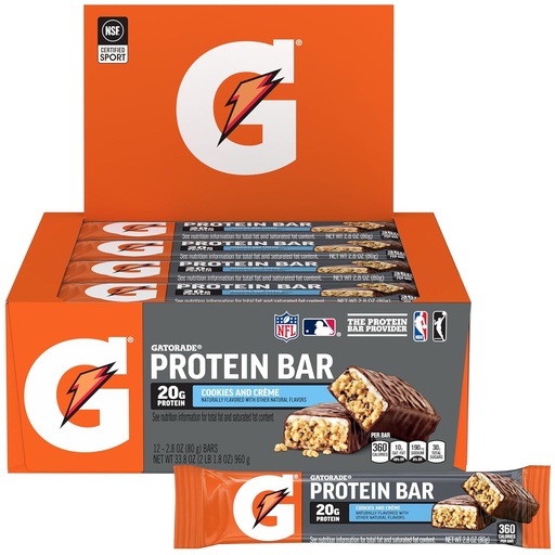 [BRSWIBTZAEOBMHT6] Gatorade Whey Protein Bars, Cookies & Crème, 2.8 oz bars (Pack of 12, 20g of protein per bar)