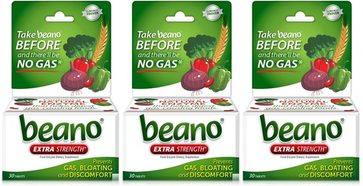 [BRSWGHD7DF6BAHLL] Beano Extra Strength, Digestive Enzyme Supplement, Prevents Gas, Bloating and Discomfort (Packaging May Vary) 30 Count Each (Pack of 3)