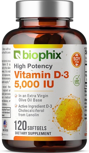 [BRSWKYQ5AYCRO3TK] Vitamin D3 5000 IU Softgels 120 Count (125mcg) - Vitamin D-3 High-Potency in Extra Virgin Olive Oil Non-GMO Soy Free For Men and Women - Vit 3D Supplement Supports Strong Bones & Immune Health
