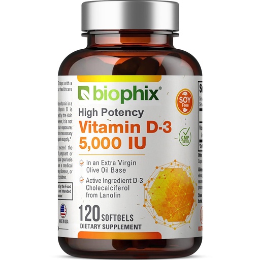 [BRSWKYQ5AYCRO3TK] Vitamin D3 5000 IU Softgels 120 Count (125mcg) - Vitamin D-3 High-Potency in Extra Virgin Olive Oil Non-GMO Soy Free For Men and Women - Vit 3D Supplement Supports Strong Bones & Immune Health