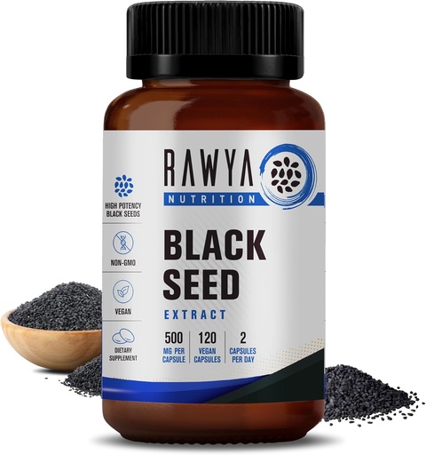 [BRSRMAIRB4IB6AD7] RAWYA Nutrition Black Seed Extract, Nigella Sativa, Black Cumin Seed Powder, 500 mg Each, Promotes Wellness, Flexibility, and Radiant Skin, Halal, Vegan, Pure & Natural Supplement - 120 Vegan Capsules