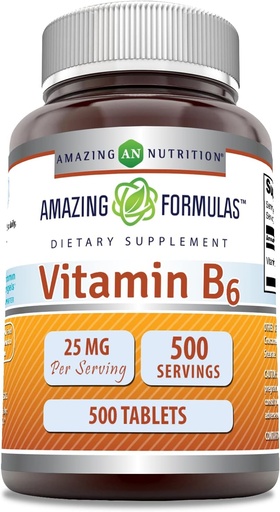 [BRSRMA32CUFAMGTZ] Amazing valemid Vitamiin B6 (püridoksiin) 25 Mg toidulisand | Tabletid | Non-GMO | Gluteenivaba | Valmistatud USAs (1 Pack | 500 Count)