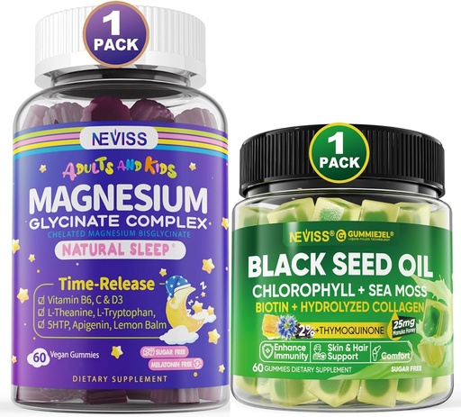 [BRSRAAQQDEOQOHI7] NEVISS Magnesium Glycinate Gummi für Erwachsene & Kinder + Schwarz Seed Ölgummis