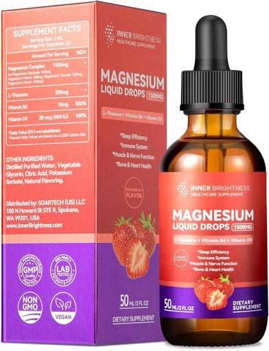 [BRSRAHADAB6QGC3J] Magneziu Glicinate Picături lichide cu Citrate de magneziu & Taurat, L-Theanină, Vitamina D3, B6 - Suporturi Calm, Somn, Relaxare musculară, Creme de picioare & Energie, Aroma de căpșuni fără zahăr, 50ml