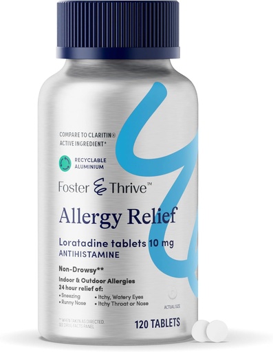 [BRSRAGIBDJ6R4G3D] Foster & Thrive Loratadine 10mg Non Drowsy Allergy Relief for Sinus Pressure and Seasonal Allergies, Antihistamine Relieves Itchy Eyes, Sneezing, Children and Adults, 120 Tablets