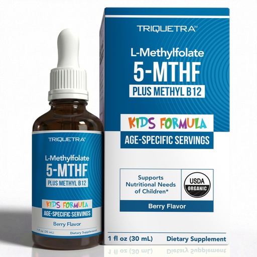 [BRSRAHQKAQBAKFD7] Organic Kids L-Methylfolate + Methyl B12 Cofactor - MTHFR Sublingual Form - 5-MTHF, Superior Form of Folate - Adjustable Dosing for All Ages - Mood, Behavior, Cognition - Organic Berry Flavor, 1 Fl oz