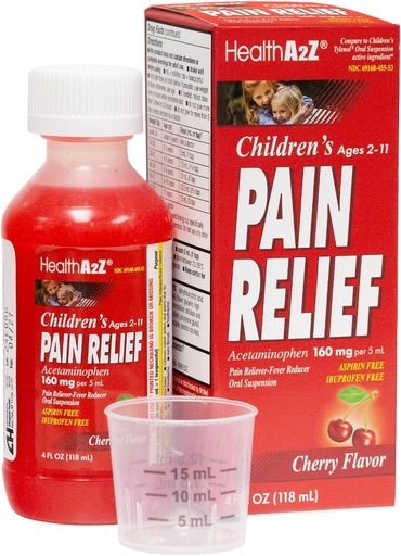 [BRSROBIDOEFQKFLV] HealthA2Z® Children's Pain Relief | Acetaminophen 160 mg (5mL) | Ages 2-11 | Cherry Flavor | Pain Reliever - Fever Reducer - Oral Suspension | Aspirin and Ibuprofen Free | 4FL Oz (118 mL)