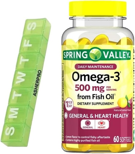 [BRSRAAA5CEAWKFI4] Spring Valley Omega-3 Fish Oil, 500mg, Omega 3 Fish Oil, Fish Oil Omega 3 Supplements,Omega3, Omega 3 Fatty Acid Supplements, Fish Oil Supplements,= 60 Count + Pill Organizer