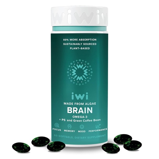 [BRSWYFQBCF6BUAD4] Iwi Life Brain Omega-3, 60 Softgels (30 Servings), Vegan Plant-Based Algae Omega-3 with EPA + DHA, Focus, Memory and Mood Support Dietary Supplement, Krill & Fish Oil Alternative, No Fishy Aftertaste