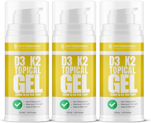 [BRSRMHT3OANWOYLV] Vitamin D3 K2 Maximum Strength Topical Gel - 15000+ IU Per Pump - The Sunshine Vitamin - Supports Bone & Joint Health, Immune Support - One Month Supply