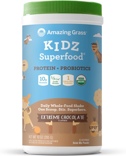 [BRSWGFL5DEPWM2DB] Amazing Grass Kidz Superfood: Vegan Protein & Probiotics for Kids with Beet Root Powder & 1/2 Cup of Leafy Greens, Extreme Chocolate, 15 Servings