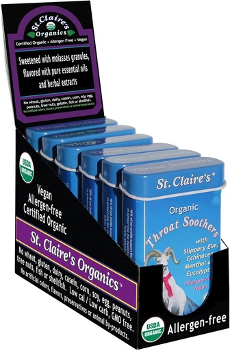 [BRSWIF34BVYR4DA3] St. Claire's Organics Throat Soothers, (1.5 Ounce Tin, Pack of 6) | Без глютена, веганский, без ГМО, растительный, без аллергенов | Сделано в нашем объекте без аллергенов