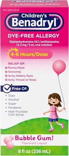[BRSROAAPOQGWYYAU] Benadryl Children 's Dye- Free Alergics Relief Liquid, Alergie Medicine for Kids, 12, 5 mg Difenhydramine HCl Antihistamin, Relieves Runny Nose & Suezing, Paraben- Free, Bubble Gum Flavor, 8 fl.