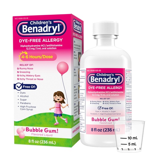 [BRSROAAPOQGWYYAU] Benadryl Children's Liquid, Kids Allergy Relief Medicine, Dye-, Alcohol-, High Fructose Corn Syrup (HFCS)-Free, Safe for Children 6+ Use Only As Directed, Bubble Gum Flavor, 8 fl oz