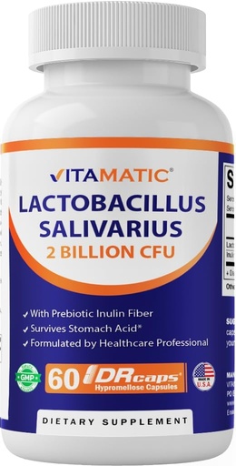 [BRSROGAYBZYBUE3D] Vitamatic Lactobacillus Salivarius 2 Billion per DR Capsule - 60 Count - Digestive Support - Made with Prebiotic Inulin Fiber (1 Bottle)