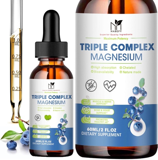 [BRSRAFQYOEARGDQ7] Magnesium Glycinate Liquid Drops Complex Supplement with Taurate, Malate for Calm, Leg Cramps, Energy | Sugar-Free and Natural Vegan Magnesium, Blueberry Flavor